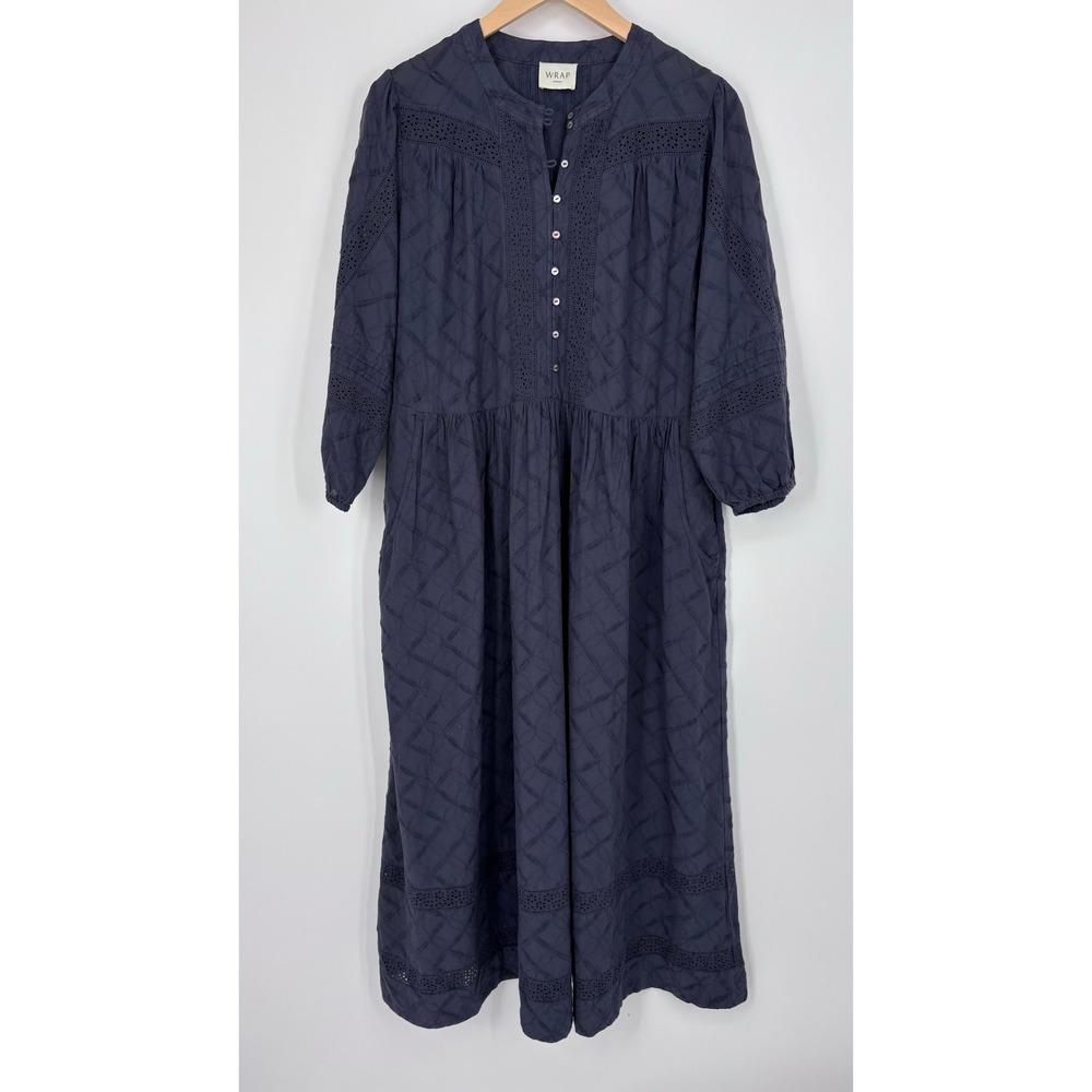 Wrap London Embroidered Cotton Eyelet Midi Dress Women US 12 Blue Pockets